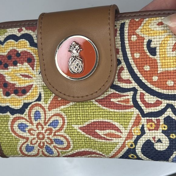 Spartina Elfrida Yacht Club Wallet Natural Linen Leather Brown Pineapple - Picture 3 of 7